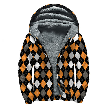 Orange Black Grey And White Argyle Print Sherpa Lined Zip Up Hoodie