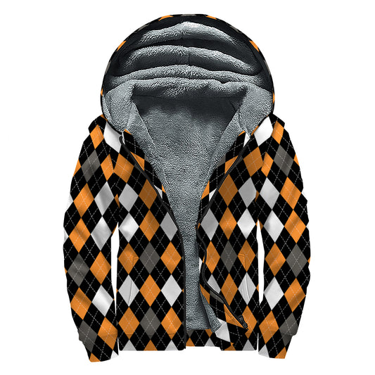 Orange Black Grey And White Argyle Print Sherpa Lined Zip Up Hoodie
