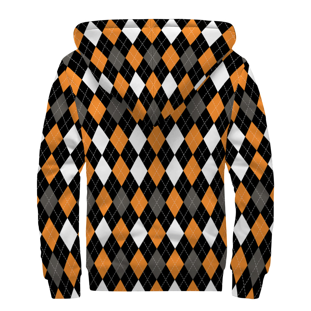 Orange Black Grey And White Argyle Print Sherpa Lined Zip Up Hoodie