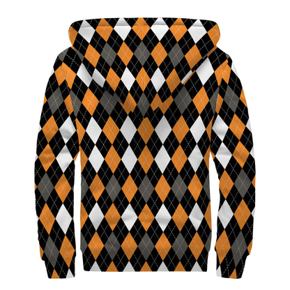Orange Black Grey And White Argyle Print Sherpa Lined Zip Up Hoodie