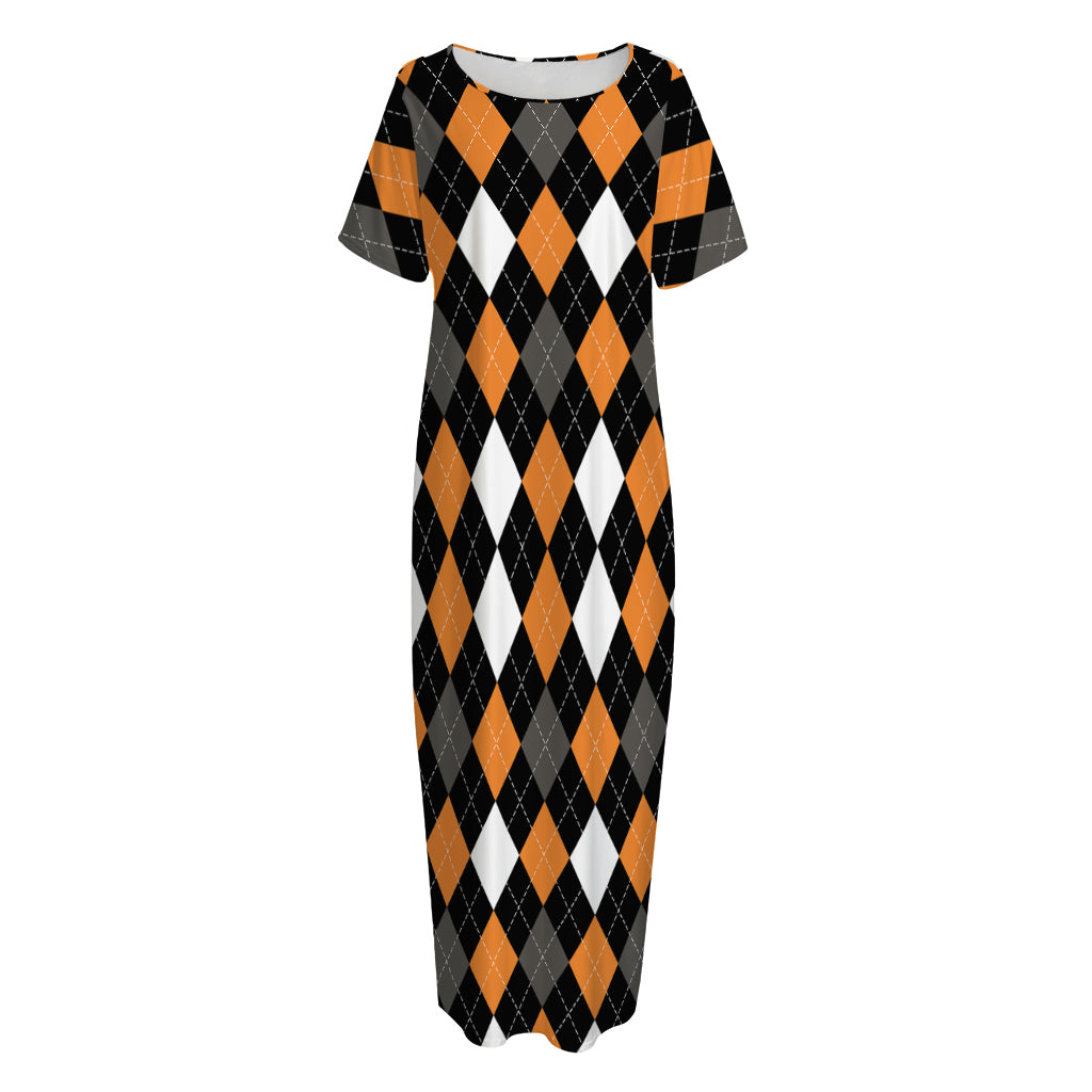 Orange Black Grey And White Argyle Print Short Sleeve Long Nightdress