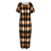 Orange Black Grey And White Argyle Print Short Sleeve Long Nightdress