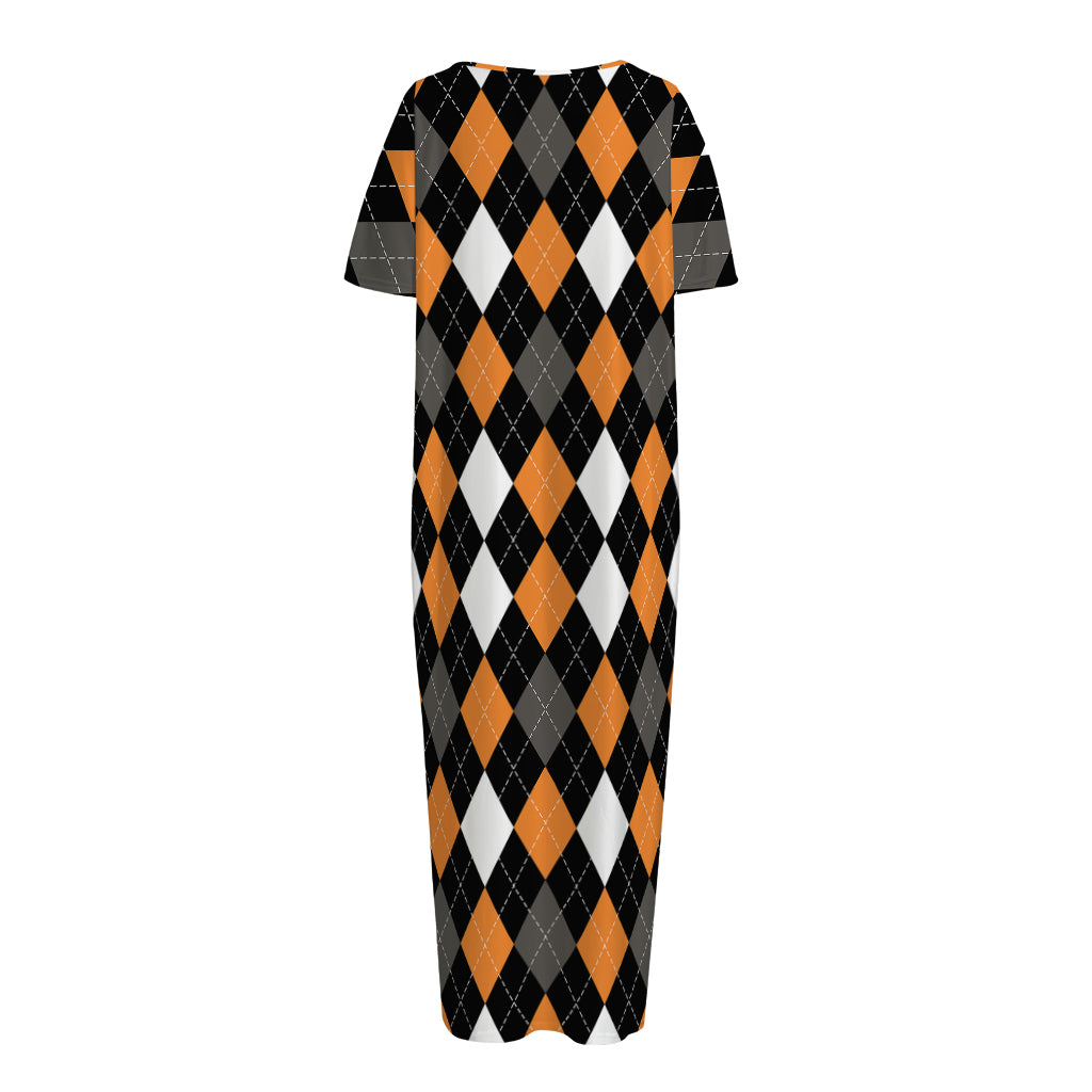 Orange Black Grey And White Argyle Print Short Sleeve Long Nightdress