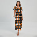 Orange Black Grey And White Argyle Print Short Sleeve Maxi Dress