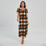 Orange Black Grey And White Argyle Print Short Sleeve Maxi Dress