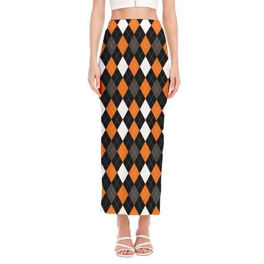 Orange Black Grey And White Argyle Print Side Slit Maxi Skirt