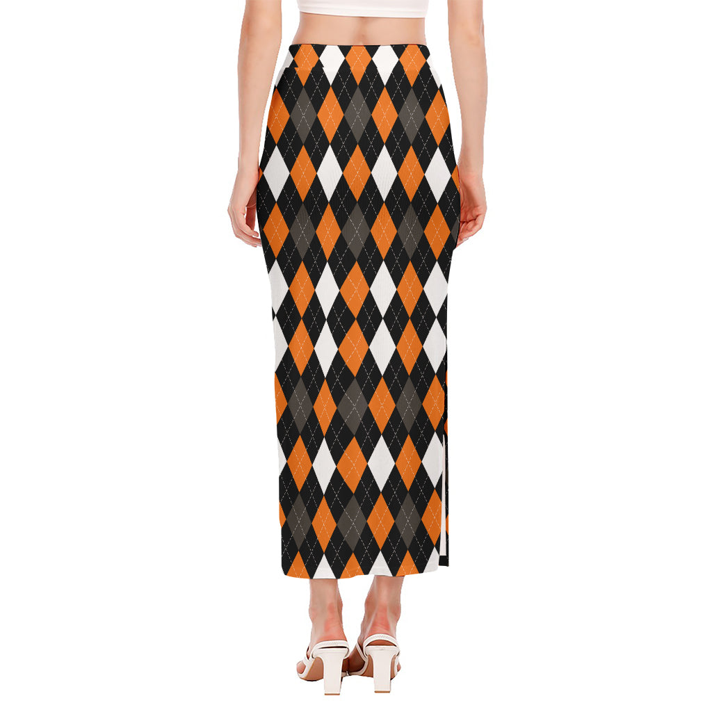 Orange Black Grey And White Argyle Print Side Slit Maxi Skirt
