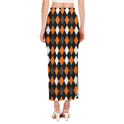 Orange Black Grey And White Argyle Print Side Slit Maxi Skirt