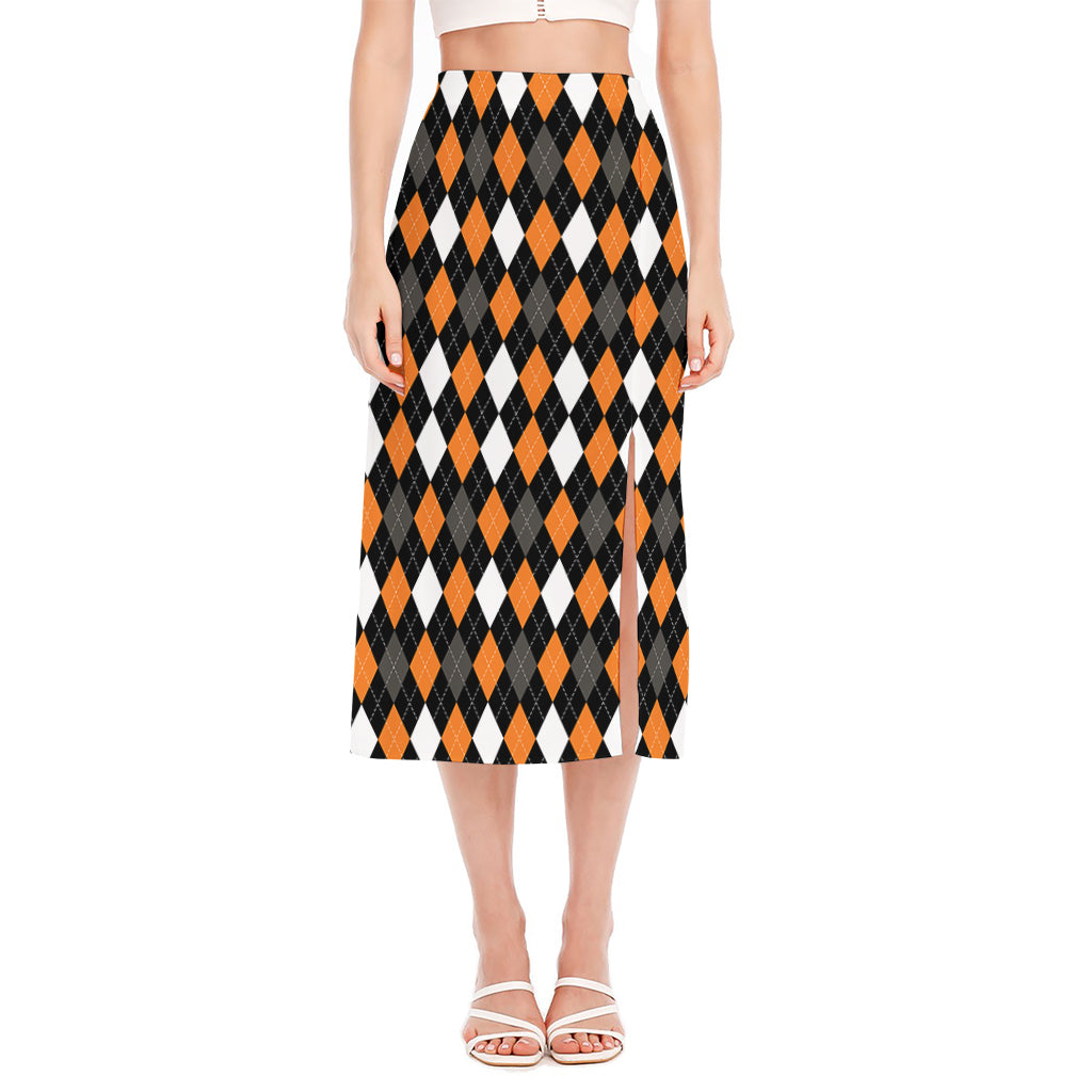 Orange Black Grey And White Argyle Print Side Slit Midi Skirt