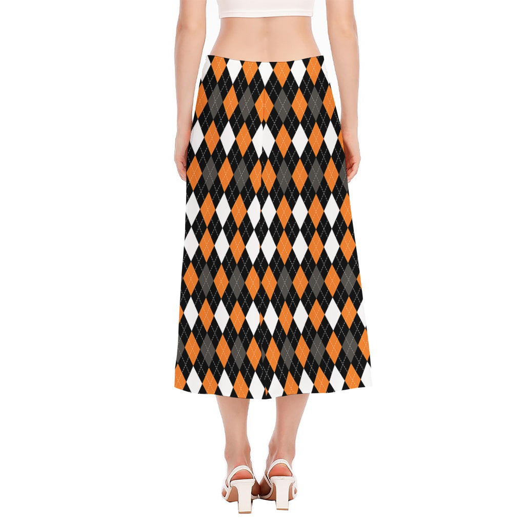 Orange Black Grey And White Argyle Print Side Slit Midi Skirt