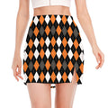 Orange Black Grey And White Argyle Print Side Slit Mini Skirt