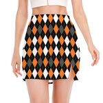 Orange Black Grey And White Argyle Print Side Slit Mini Skirt