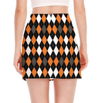 Orange Black Grey And White Argyle Print Side Slit Mini Skirt