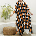 Orange Black Grey And White Argyle Print Silk V-Neck Kaftan Dress