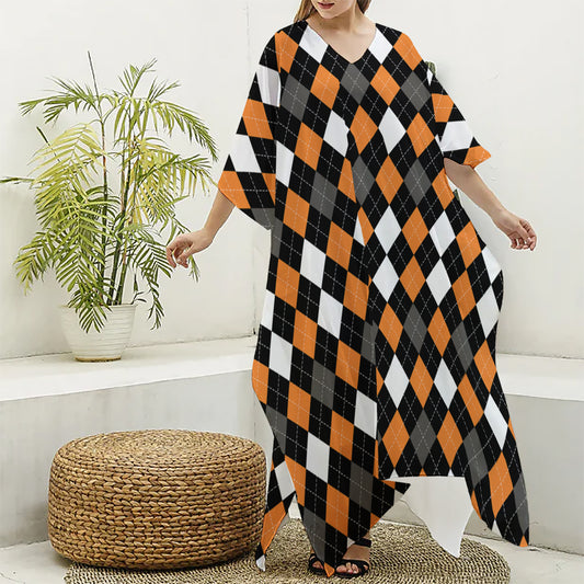 Orange Black Grey And White Argyle Print Silk V-Neck Kaftan Dress