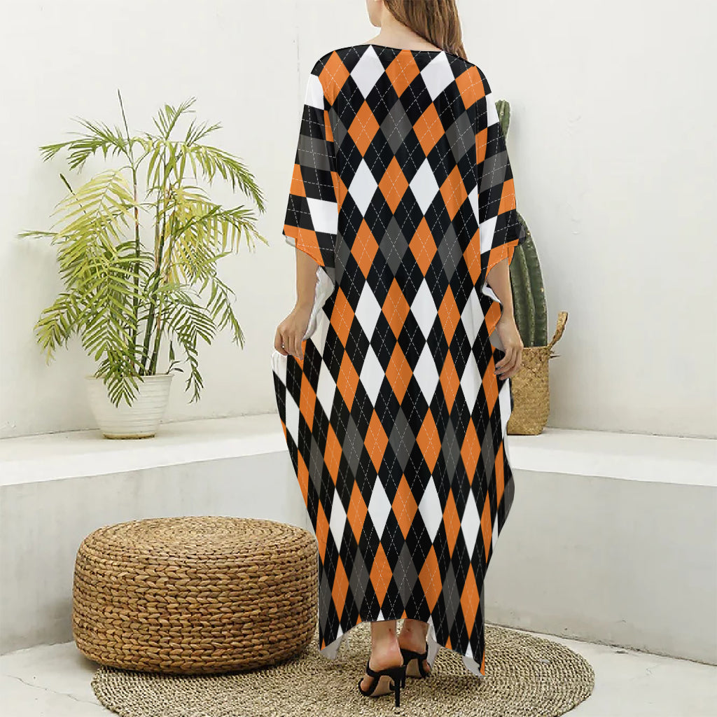 Orange Black Grey And White Argyle Print Silk V-Neck Kaftan Dress