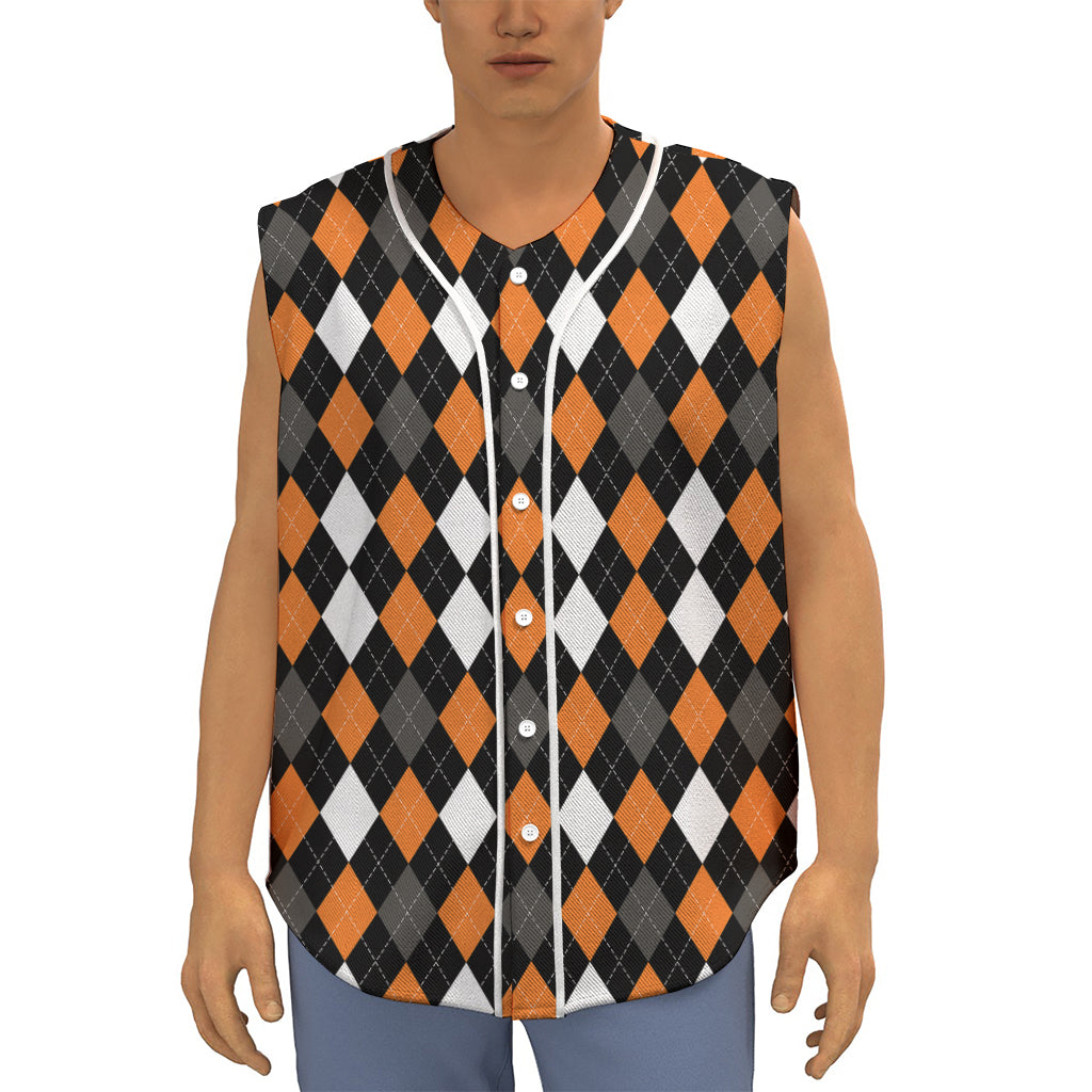 Orange Black Grey And White Argyle Print Sleeveless Baseball Jersey