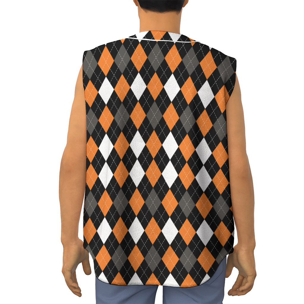 Orange Black Grey And White Argyle Print Sleeveless Baseball Jersey
