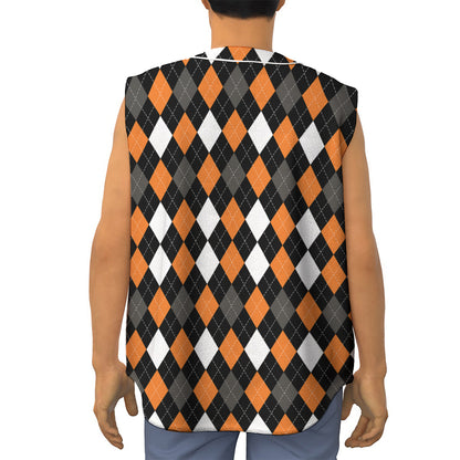 Orange Black Grey And White Argyle Print Sleeveless Baseball Jersey