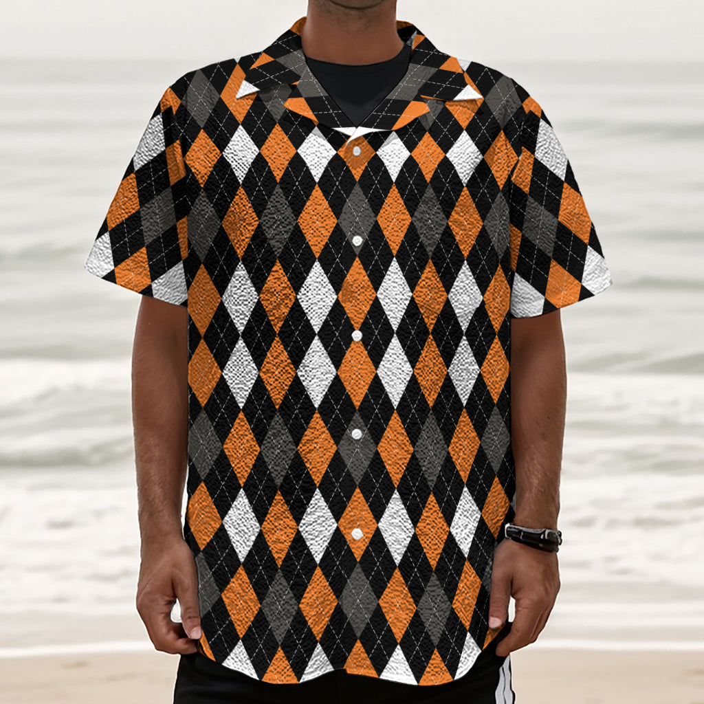Orange Black Grey And White Argyle Print Textured Short Sleeve Shirt