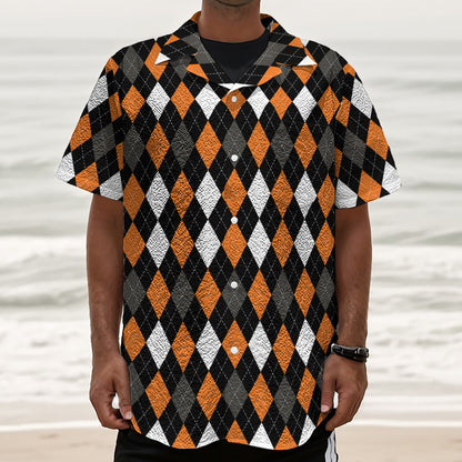 Orange Black Grey And White Argyle Print Textured Short Sleeve Shirt