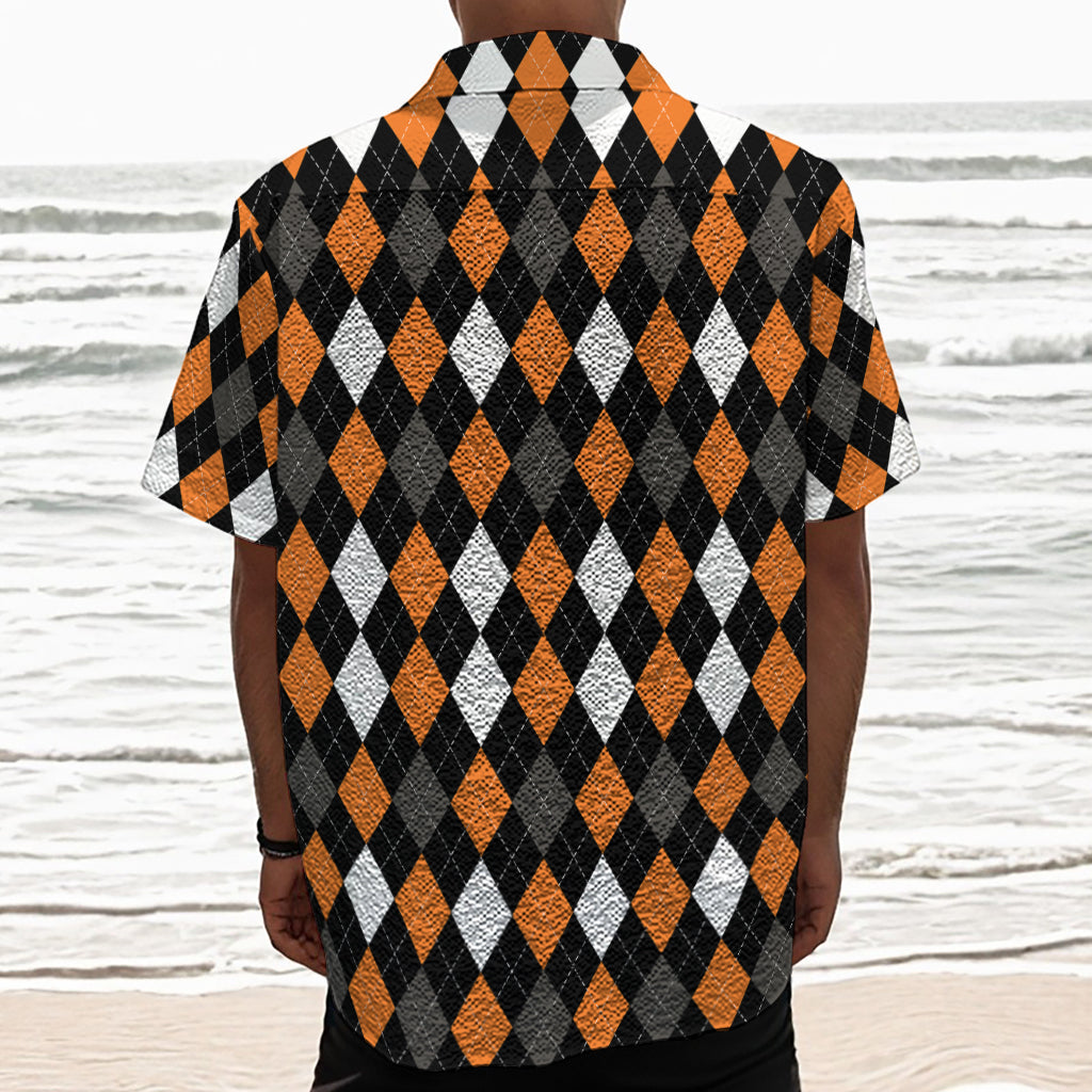 Orange Black Grey And White Argyle Print Textured Short Sleeve Shirt
