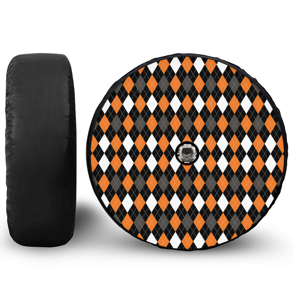 Orange Black Grey And White Argyle Print Tire Cover With Camera Hole