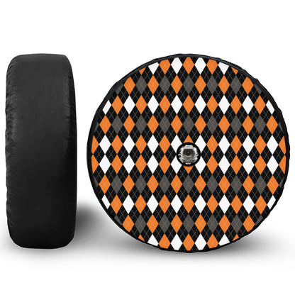 Orange Black Grey And White Argyle Print Tire Cover With Camera Hole