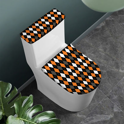 Orange Black Grey And White Argyle Print Toilet Lid And Tank Cover Set