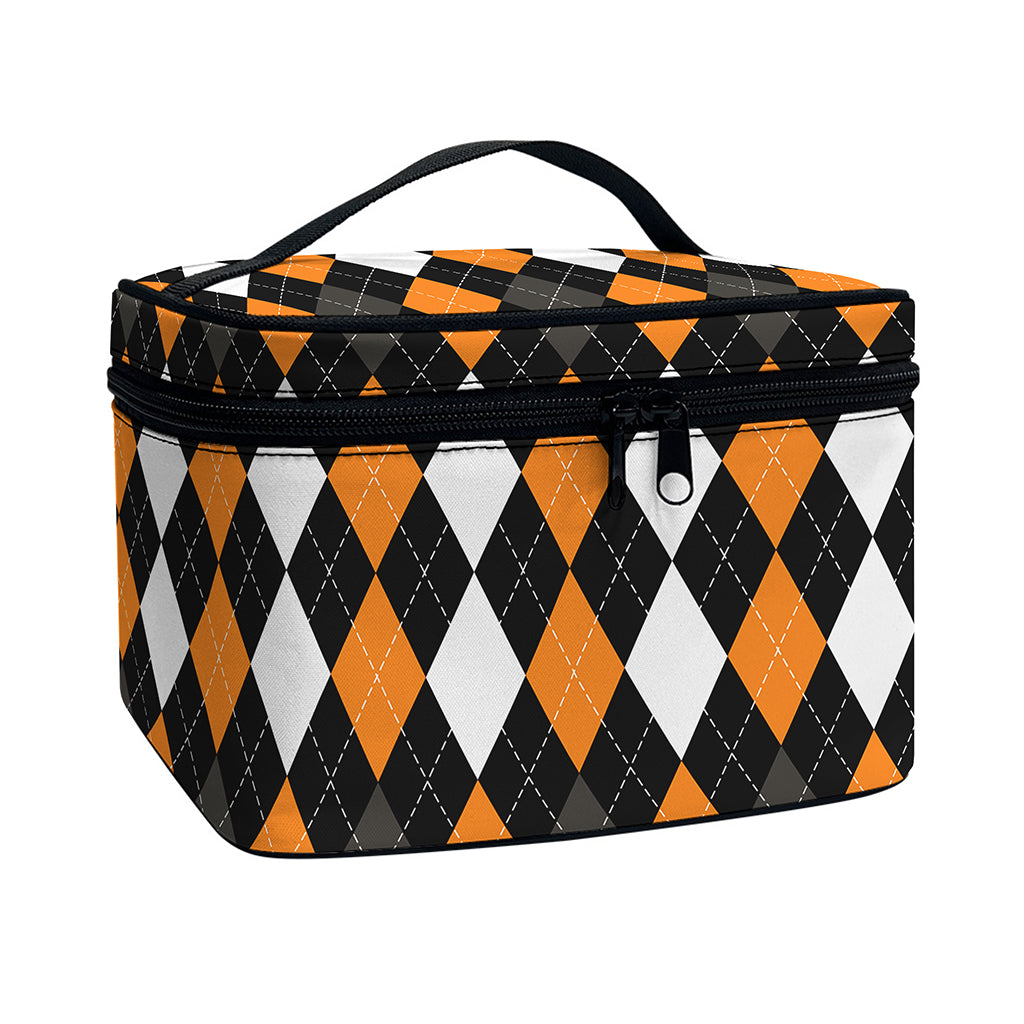 Orange Black Grey And White Argyle Print Travel Makeup Bag