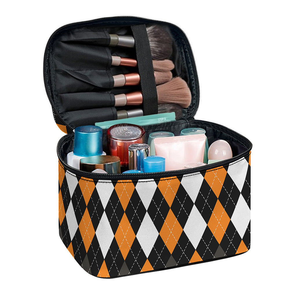Orange Black Grey And White Argyle Print Travel Makeup Bag