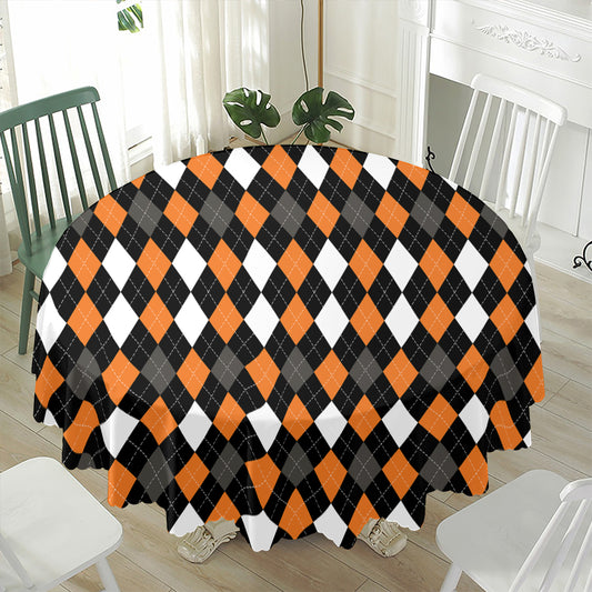 Orange Black Grey And White Argyle Print Waterproof Round Tablecloth