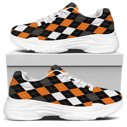 Orange Black Grey And White Argyle Print White Chunky Shoes