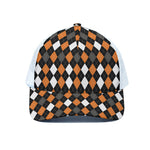 Orange Black Grey And White Argyle Print White Mesh Trucker Cap