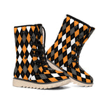 Orange Black Grey And White Argyle Print Winter Boots