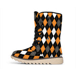 Orange Black Grey And White Argyle Print Winter Boots