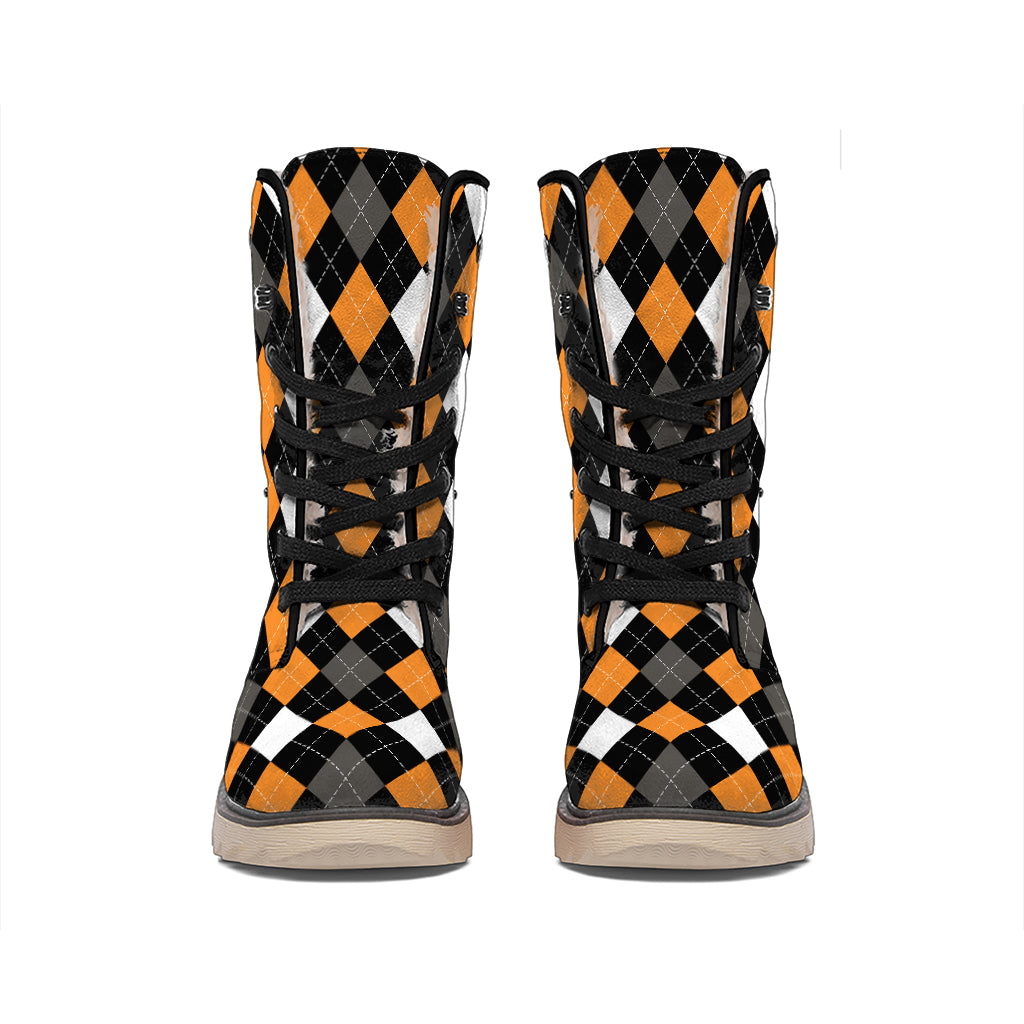 Orange Black Grey And White Argyle Print Winter Boots