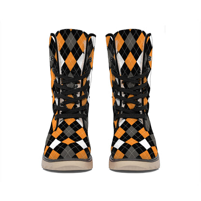 Orange Black Grey And White Argyle Print Winter Boots