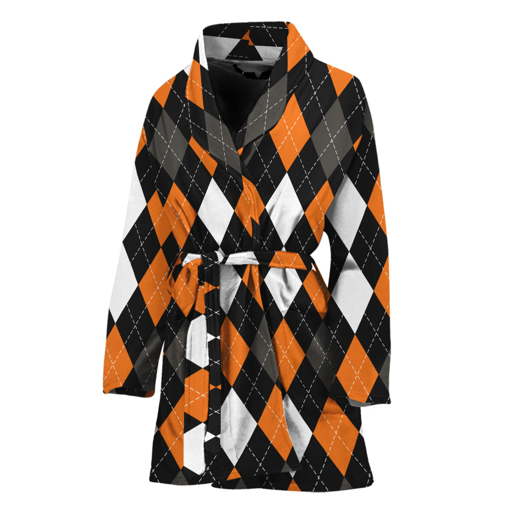 Orange Black Grey And White Argyle Print Women's Bathrobe