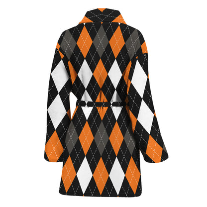 Orange Black Grey And White Argyle Print Women's Bathrobe