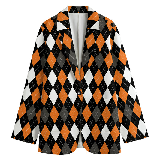 Orange Black Grey And White Argyle Print Women's Blazer