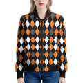 Orange Black Grey And White Argyle Print Women's Bomber Jacket