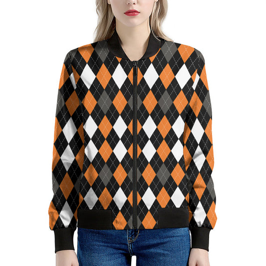 Orange Black Grey And White Argyle Print Women's Bomber Jacket
