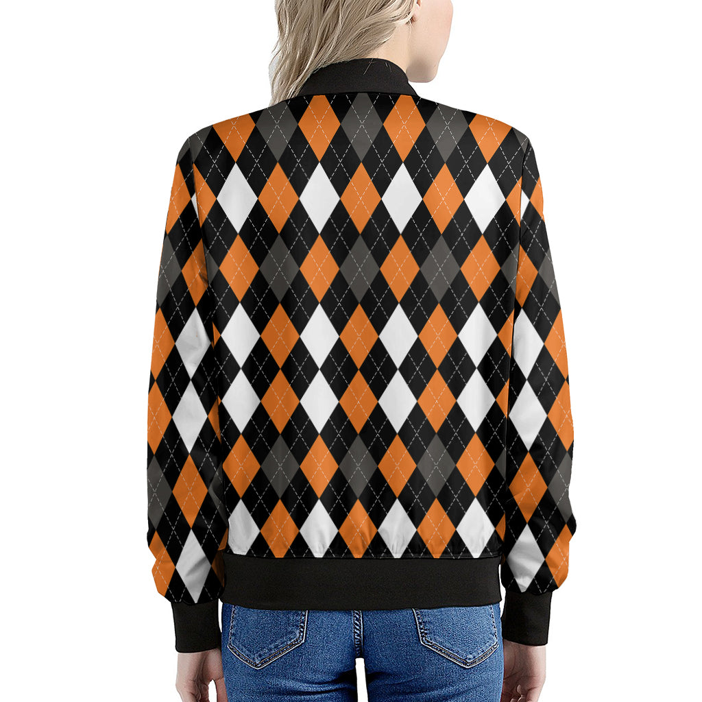 Orange Black Grey And White Argyle Print Women's Bomber Jacket