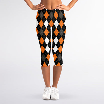 Orange Black Grey And White Argyle Print Women's Capri Leggings