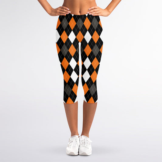 Orange Black Grey And White Argyle Print Women's Capri Leggings