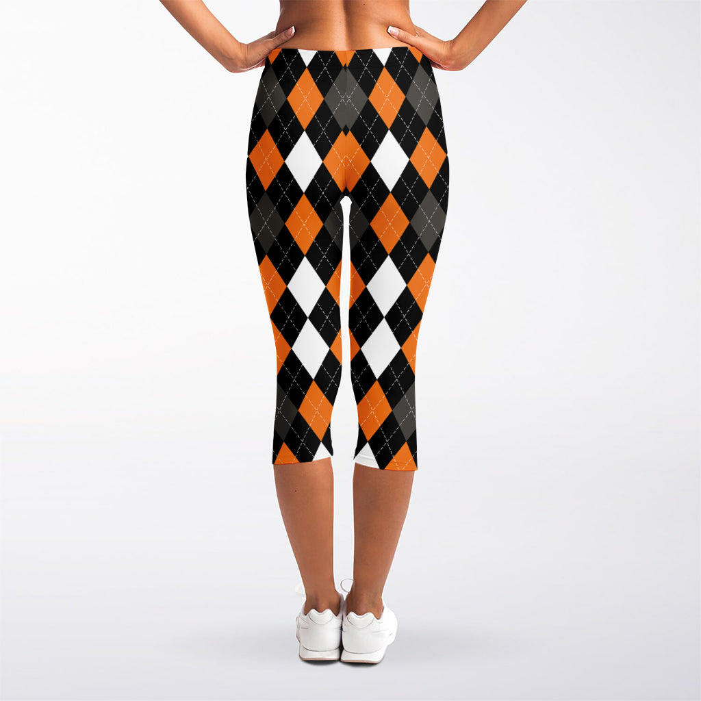 Orange Black Grey And White Argyle Print Women's Capri Leggings