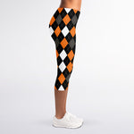Orange Black Grey And White Argyle Print Women's Capri Leggings
