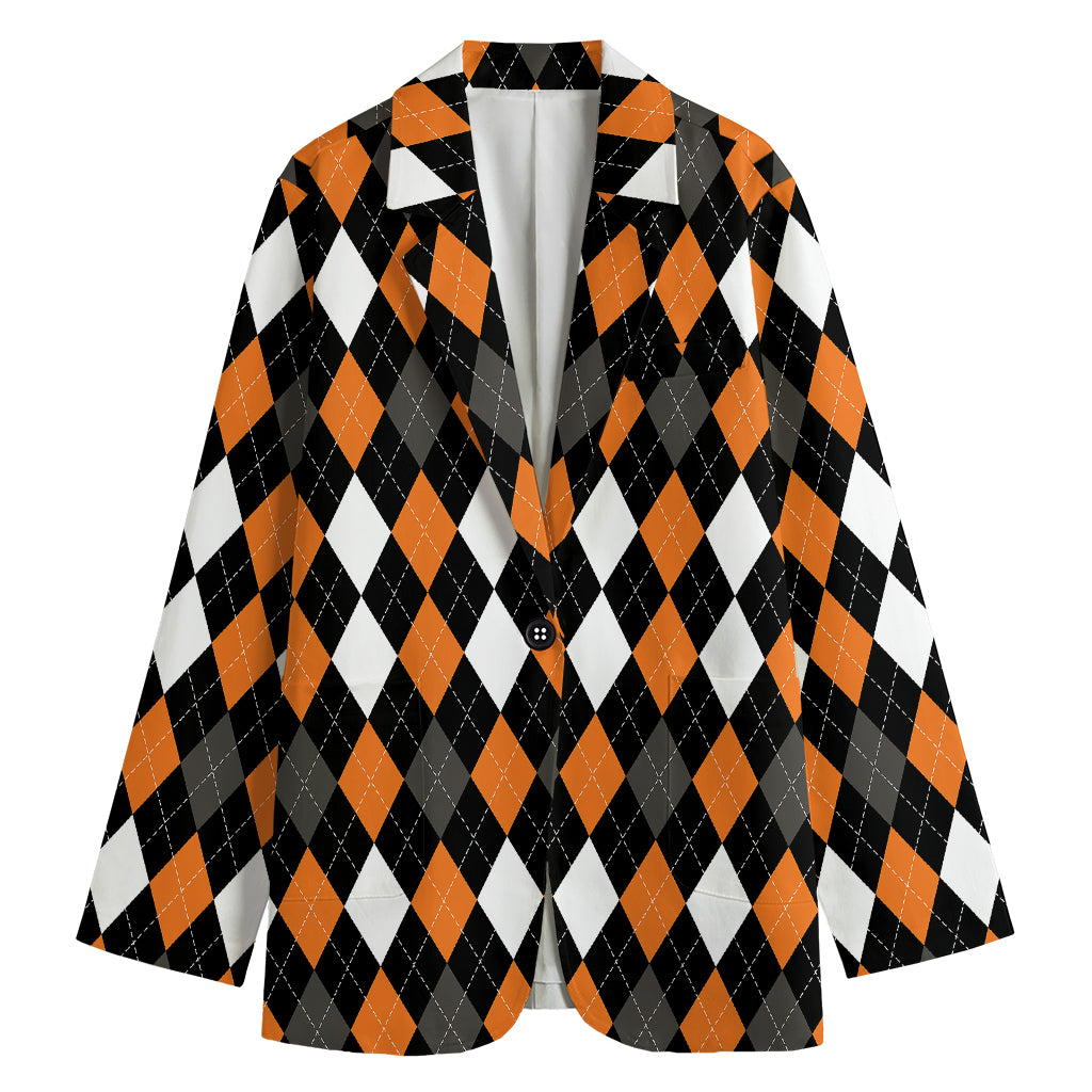 Orange Black Grey And White Argyle Print Women's Cotton Blazer