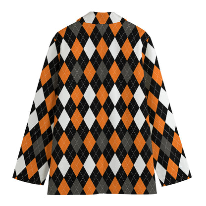 Orange Black Grey And White Argyle Print Women's Cotton Blazer
